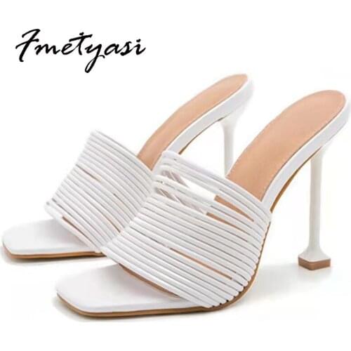 Summer Sandals Hollow High Heels Pumps Slingbacks Square Open Toe Narrow Band Plastic Ladies Shoes White Black Breathable