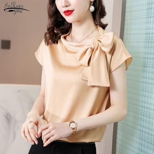 Summer Silk Satin Shirt Women Butterfly O Neck Short Sleeve Elegant Blouse Women Tops Office Lady Solid Plus Size 14886