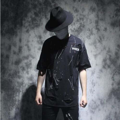 Summer man Personality hole t shirt men tshirt hip hop streetwear short sleeve printing t-shirt men loose t shirts camiseta