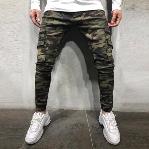 Men Fashion Slim Fit Camouflage Print Stretch Denim Pencil Pants Men Casual Multi-Pockets Zipper Skinny Jeans