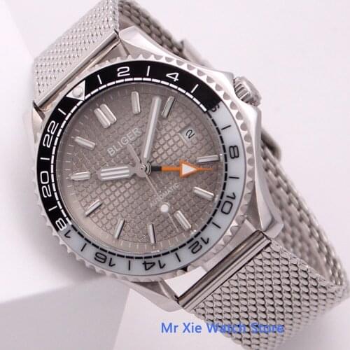 Bliger 41mm Gray Dial Automatic Mechanical Mens GMT Watch Luminous Waterproof Military Calendar Clock Wristwatch Men