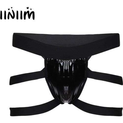 Iiniim Mens Lingerie Panties Patent Leather Jockstraps Pouch Sissy Gay Underwear Underpants T-Back Sexy Clubwear Costumes