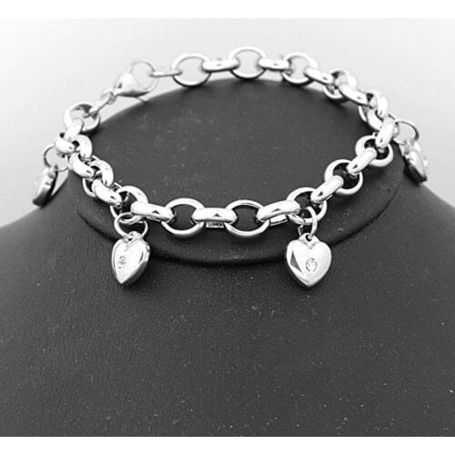 New Arrive Womens Jewelry Silver Stainless Steel Heart Charm Rolo Chain Bracelet 8inches
