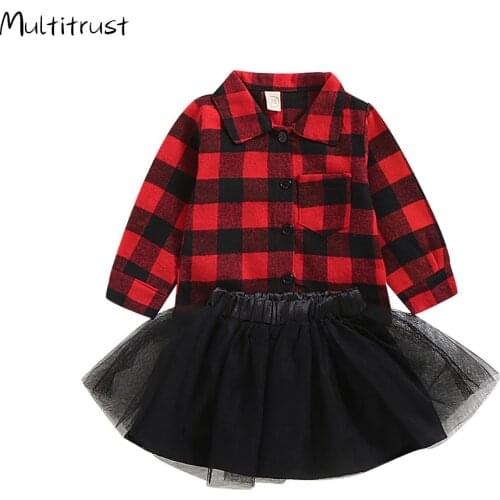 2 Pieces Kids Suit Set 2020 Baby Girl Christmas Clothes Plaid Turn-Down Collar Long Sleeve Shirt and Solid Color Skirt for Girls