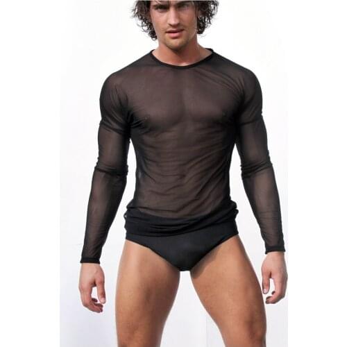 Sexy Mens Shirt Long Sleeve Breathable Transparent Shirts Loose Sleepwear Nightgown MUSCLE Net Mesh WORKOUT Top