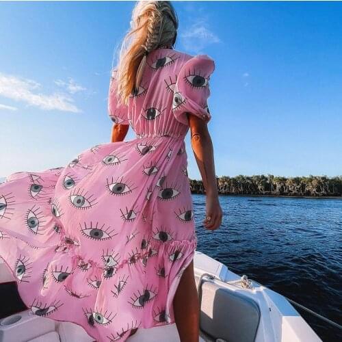 Wrinkle-free Pink Eyes Chiffon Bikini Cover-ups Sexy Short Sleeve Summer Beach Dress Women Beach Wear Swim Suit Cover