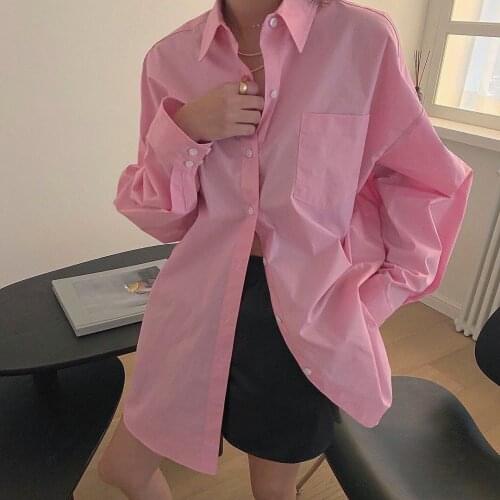 Chic Autumn Turn-down Collar Single-breasted Women Blouse Tops Fashion Loose Lantern Sleeve Female Long Shirts Pink Streetwear
