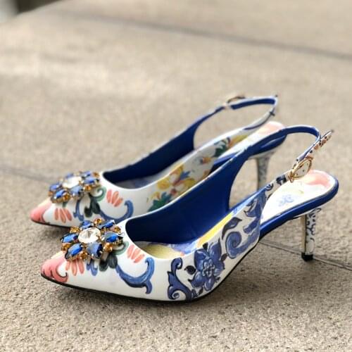 Blue and white porcelain woman high heel sling back diamonds flower shoes blue crystal sling back woman shoes