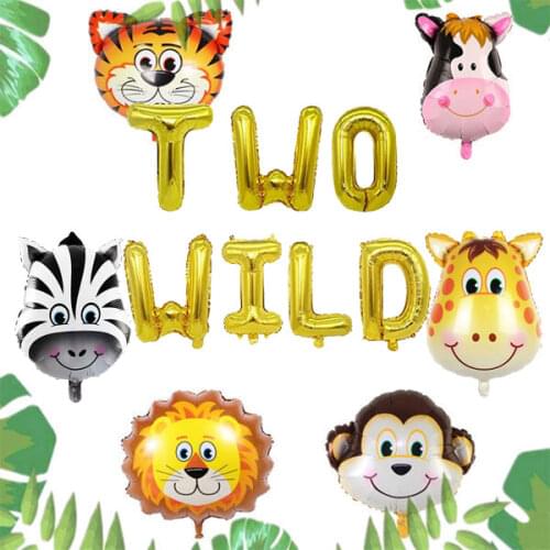 16" Two Wild Birthday Foil Balloons, Jungle Safari Animals Balloons, Baby Girl Boy Birthday Party Decoration Supplies
