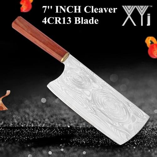 XYj 7" INCH Kitchen Knife Meat Cleaver Vegetable Chopping Cutter Stainless Steel Chef Knife Wood Handle Damascus Pattern Blade
