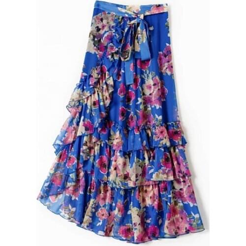Ladies 2021ss Flower Floral Print Ruffled Wrap Long Skirt With Lining