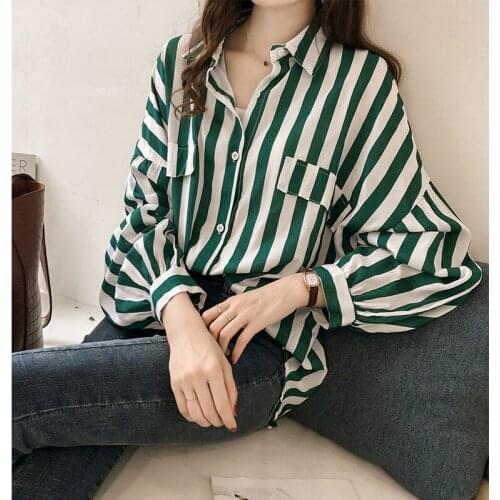 Striped Long-sleeved Womens Shirt 2021 Summer New Hong Kong Flavor Loose Striped Shirt Blouse Korean Fashion Shirt