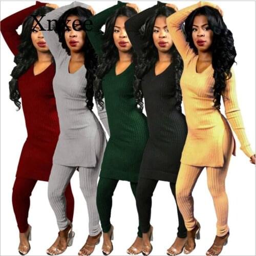 2 Two Piece Set Women Clothes Autumn Winter Outfits Long Sleeve Knit Sweater Tops+Bodycon Shorts Suit Sexy Matching Pure color
