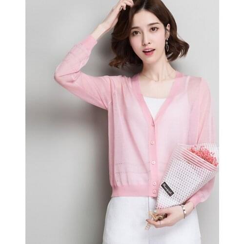 Women See Through Knitted Cardigan Coat Spring & Summer 2019 Casual Cool V-Neck Thin Hollow Knitwear Long Sleeve