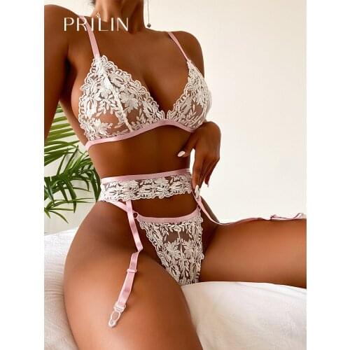 Women Sensual Lingerie Sets with Garter Belts Floral Bralettes Transparent Erotic Temptation Costumes Lingerie-sexy Underwear