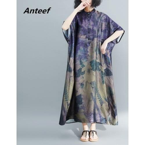 Short sleeve chiffon silk vintage floral dresses for women casual loos long summer shirt dress elegant clothes 2021