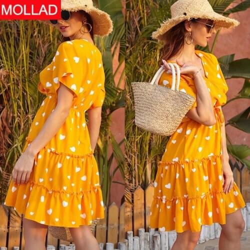 2020 Chiffon Floral Print Summer Dress V Neck High Waist Women Dress