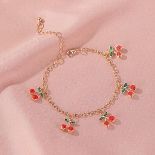 2021 Ins Cool Fashion Charm Red Cherry Gold Chain Bracelets for Women Gold Color Adjustable Bracelet Anklet Jewelry Party Gifts