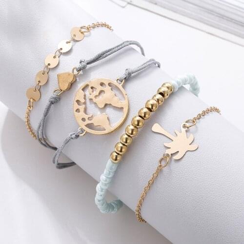 5 Pairs/set Fashion Bohemian Gold Metal Alloy Map Tree Heart Charm Bracelets For Women Trendy Blue Glass Beaded Bracelet Gifts
