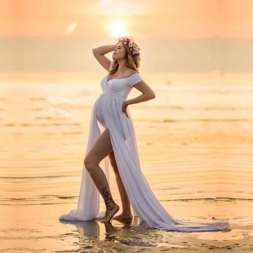 White Chiffon Bodysuit Dress For Maternity Photography Props Sweet Heart Stretchy Maternity Dresses For Photo Shoot Outfit