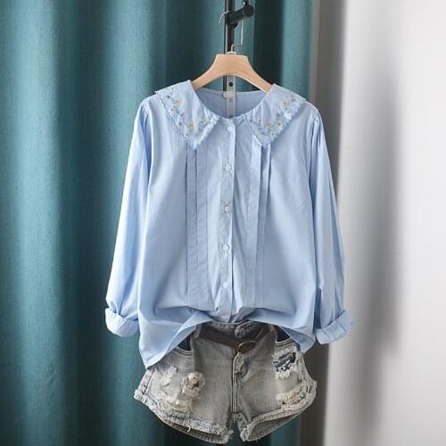 Lamtrip Kawaii 3D Floral Embroidery Peter Pan Collar Pleated Long Sleeve Sweet Shirt Blouse 2021 Autumn