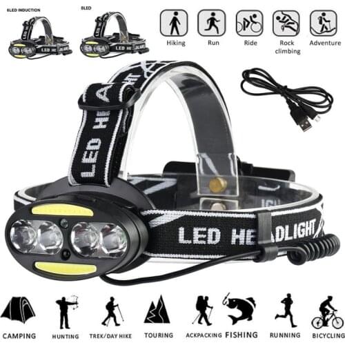 Headlight Powerful USB Headlamp 4* T6 +2*COB+2*Red LED Head Lamp Head Flashlight Torch Lanterna with batteries charger #ND