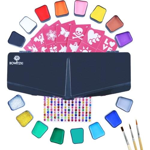 Bowitzki Face Paint Kit for Kids 14 Color Body Painting 168 Rhinestones 40 Stencils 2 Glitter 3 Brushes Non Toxic Water Active