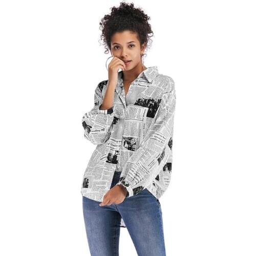 2021 Spring New Fashionable Long Sleeve Letter Newspaper Print Loose Casual Shirt Trendy Design Loose Shirts Womens Clothing