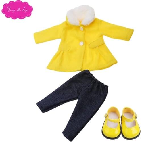 18 inch Girls doll clothes Woolen cloth coat print T-shirt with shoes American newborn dress Baby toys fit 43 cm baby dolls c530