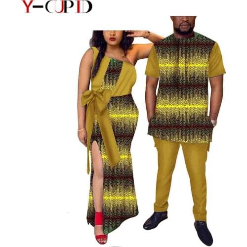 African Clothes for Couples Sexy Women Split Bowtie Long Dresses Matching Men Outfits Top and Pants Sets Party Vestidos YS19C002