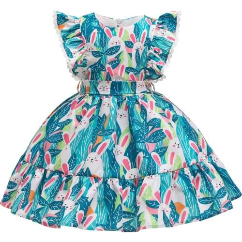 Dress For Girl 2021 Summer Childrens Clothing Rabbit Print Waist Princess Dresses Cute Retro Casual Folds Wedding Party costume
