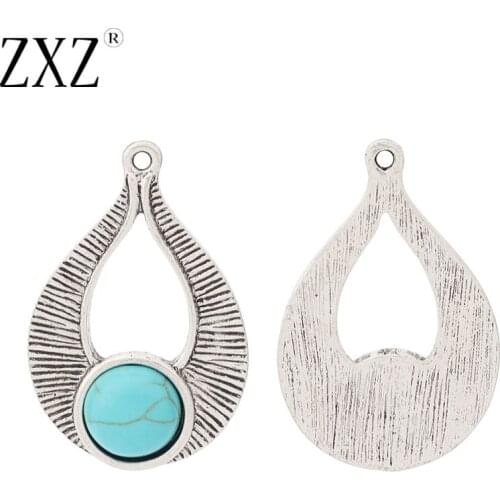 ZXZ 10pcs Tibetan Silver Water Drop Blue Imitation Stone Charms Pendants for Necklace Earring Jewelry Making Findings 35x23mm