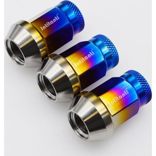 Blue lightweight Gr5 titanium wheel lug nut with knurled open end M12*1.5*35