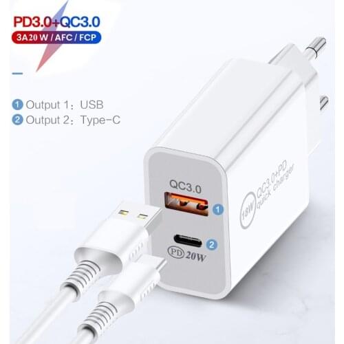 20W Fast Charger for iphone Charger Quick Charge 3 EU PLug Phone Charge Type C for Iphone 12 pro max Xiaomi Samsung s10 plus a70