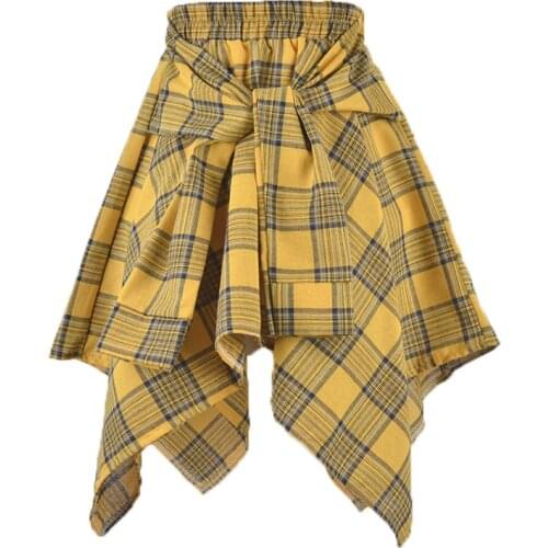 WKOUD Candy Colors Summer Skirts For Women College Plaid Printed Irregular Skirts Students Fake Shirt Mini Skirt 2019 DK6028