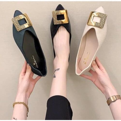 Women Flats Pointed Toe Slip on Shoes For Female Ballet Flats Square Button Metal Boat Shoes Female Black zapatos mujer 9114L