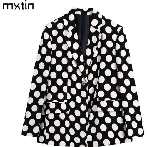 MXTIN 2021 Women Autumn Fashion Polka Dot Pockets Blazers Coat Vintage Lapel Collar Long Sleeve Button Office Ladies Casual Coat