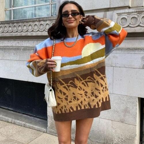 O-neck Women Sweater 2021 Autumn Winter Printed Loose Long Sleeves Pullover Sweater Y2k Elegant Fashion Streetwear Pullover Tops