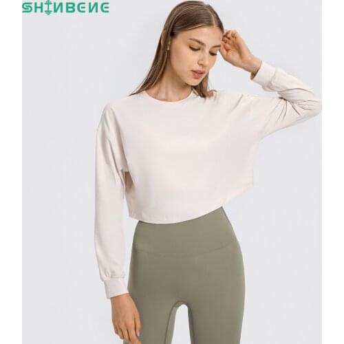 SHINBENE JACQUARD Plain Lightweight Fitness Workout Crop Pullover Women Crew Neck Long Sleeve Training Sport Cropped Sweatshirts
