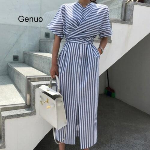 Korean Split Long Dress Women Summer Cotton Blue Striped Bandage Female Long Bodycon Plus Size Vestido Robe Femme Ete Sukienki