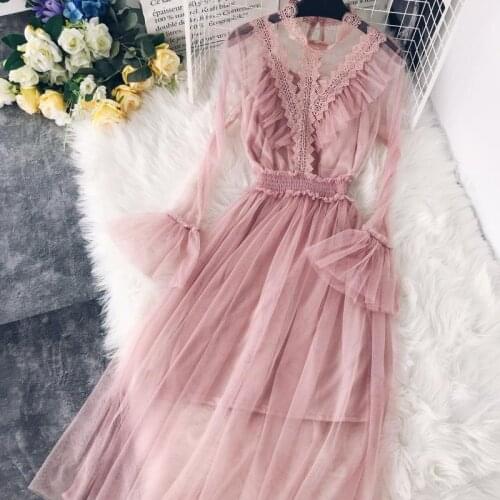 2020 autumn new women gauze stitching lace flare sleeve high waist slim two-piece fairy dress female vintage mesh A-line dresses