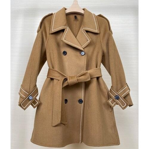 Mid-length Wool Coat Women Autumn Casual Windbreaker Style Double-Breasted 100% Wool Coat Female Winter Lace-up Slim Thick Coat