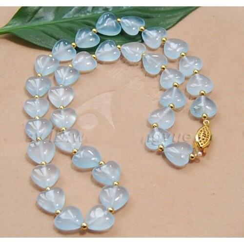 12mm Blue Brazilian Aquamarine Gems Heart Shape Beads 14K GP Necklace AAA