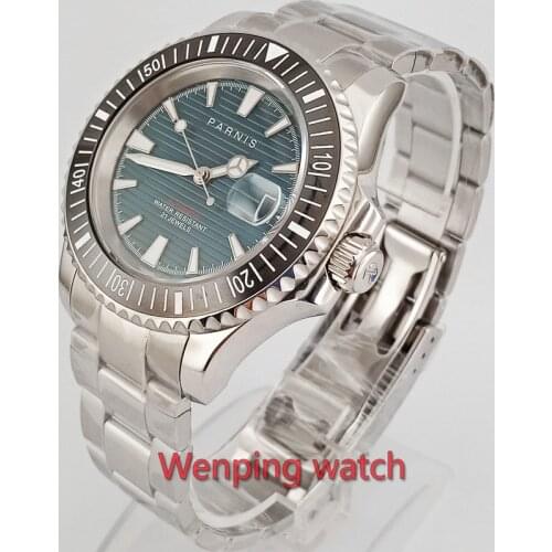 41mm Parnis watch Ocean blue dial sapphire glass luminous date magnifier ceramic bezel Automatic wristwatch men Luxury
