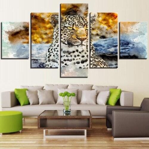 5 Pieces Leopard Canvas Wallpapers Oil Painting Animal Beast Posters Pictures For Home Decor Cartoon Artwork Frame