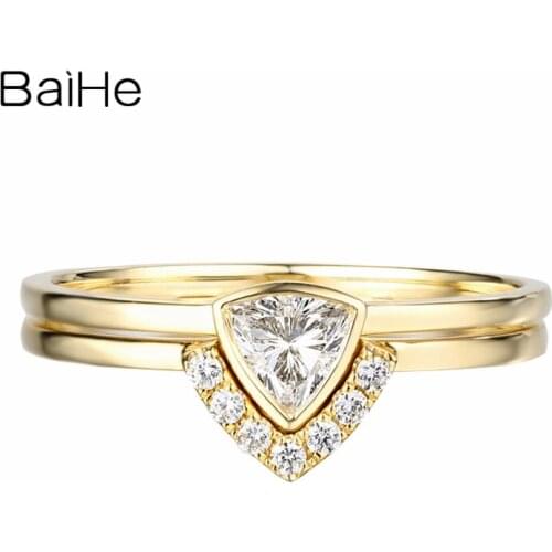BAIHE Solid 14K Yellow Gold 0.23ct Certified Triangle Shape Natural Diamond Wedding Band Engageme Women Trendy Jewelry Ring