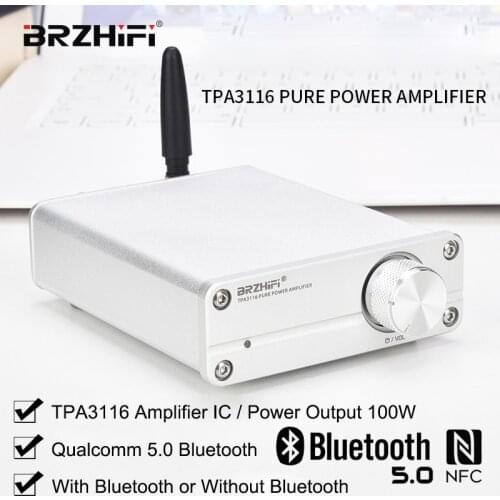 BRZHIFI Audio TPA3116 2.0 Class D Mini Digital Power Amplifier Bluetooth 5.0 Output Power 50W*2 Silver Portable Amplificador