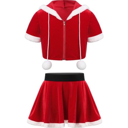 Kids Baby Girls Cute Christmas Outfit Short Sleeve Flannel Hoodie Crop Top Skirt For Christmas Party New Year Winter Clothes Set