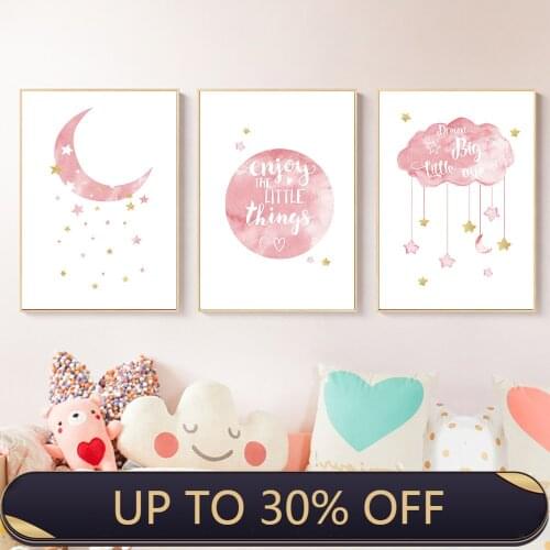 Home Decor Canvas Painting Moon Cloud Nordic Children Poster Nursery Girl Room Pink Wall Decoration Hanging Picture No Frame