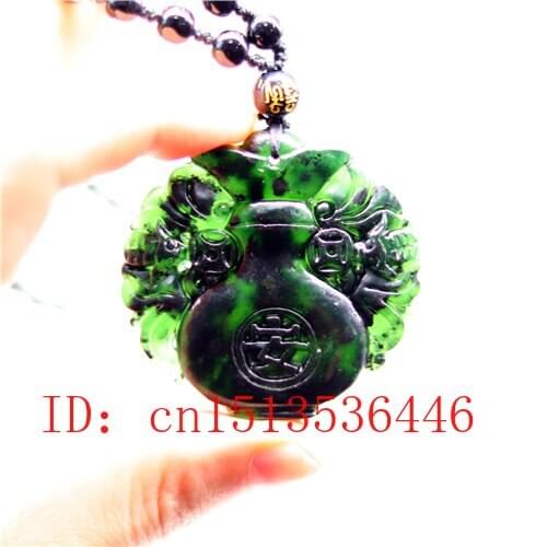 Chinese Black Green Jade vase Pendant Natural Hand Carving Necklace Fashion Amulet Luck Gifts Men Sweater Chain